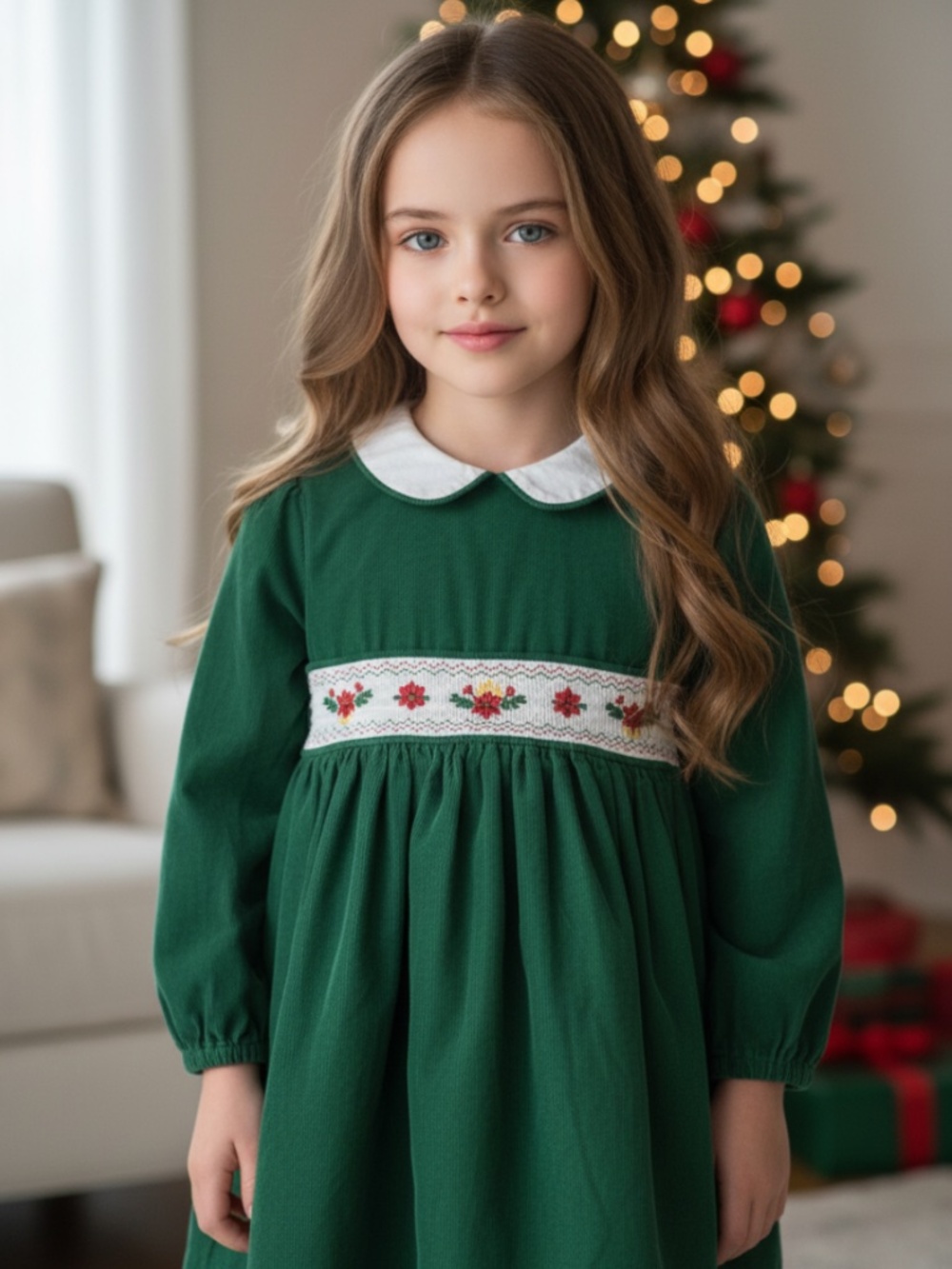 Bonnie Jean Girls 3T Christmas Dress Green Embroidered Corduroy Peter Pan Collar
